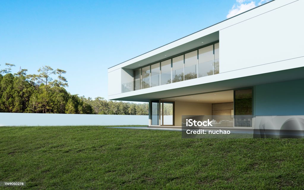 Perspektive des modernen Luxus-Hauses mit Pool und Rasenplatz im Alltag, Idee der minimalen Architektur Design. 3D-Rendering - Lizenzfrei Modern Stock-Foto