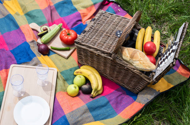 istock Basket with food on picnic blanket. 1149050475