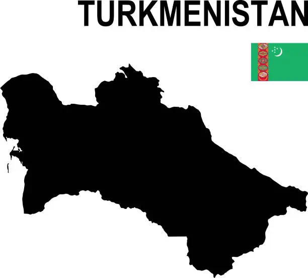 Vector illustration of Black basic map of Turkmenistan with flag against white background