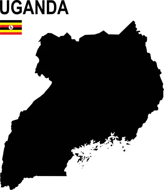 Vector illustration of Black basic map of Uganda with flag against white background