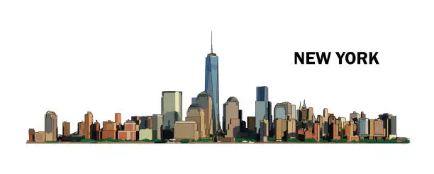 Vector illustration of New York skyline, vector colorful illustration. High detailed creative drawing. Watercolor flat style.