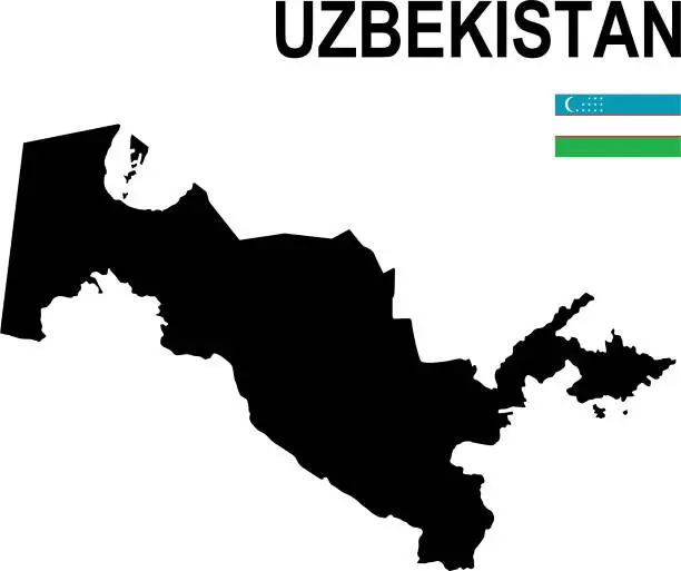 Vector illustration of Black basic map of Uzbekistan with flag against white background