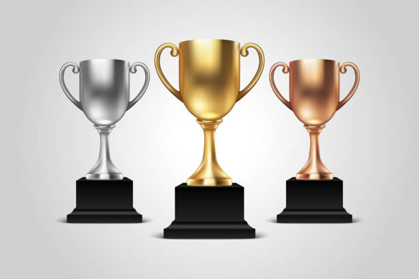 ilustrações de stock, clip art, desenhos animados e ícones de vector 3d blank golden, silver and bronze champion cup icon set closeup isolated on white background. design template of championship trophy. sport tournament award, winner cup and victory concept - trophy soccer sport success