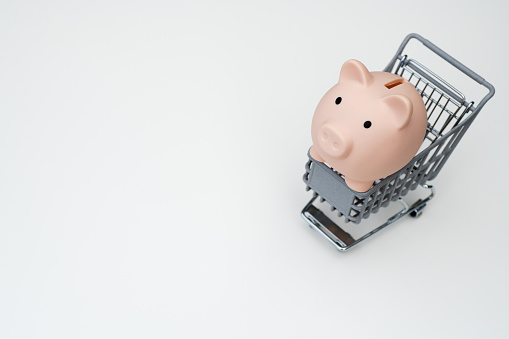 Piggy bank in shopping cart isolated on white background. Saving money for grocery store concept.
