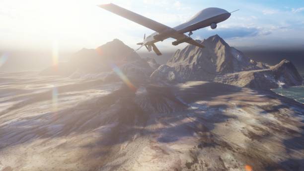 istock A military drone flies over a deserted plain on a Sunny day. 3D Rendering 1149056046
