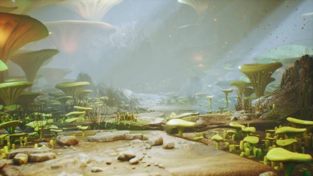 istock Fantasy mushrooms in a magic forest. Beautiful magic mushrooms in the lost forest and fireflies on the background with the fog. 3D Rendering 1149056062