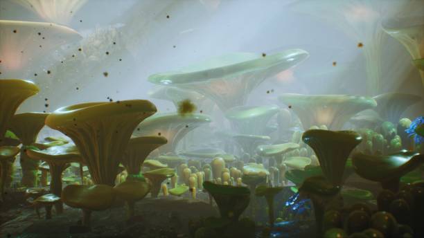 istock Fantasy mushrooms in a magic forest. Beautiful magic mushrooms in the lost forest and fireflies on the background with the fog. 3D Rendering 1149056068