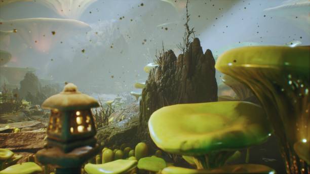 istock Fantasy mushrooms in a magic forest. Beautiful magic mushrooms in the lost forest and fireflies on the background with the fog. 3D Rendering 1149056082