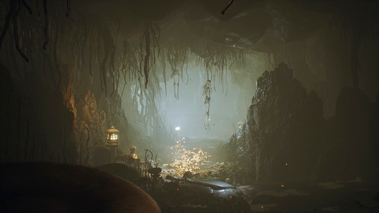Ancient huge fantasy cave filled with ancient mushrooms and magical fog with dust.