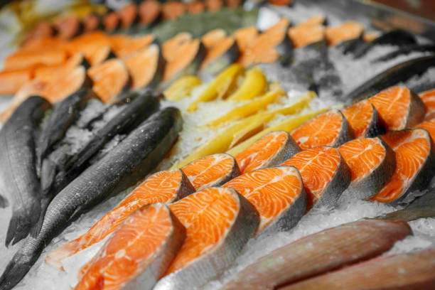 Close up of cooled seafood in the shop of a fish shop stock photo