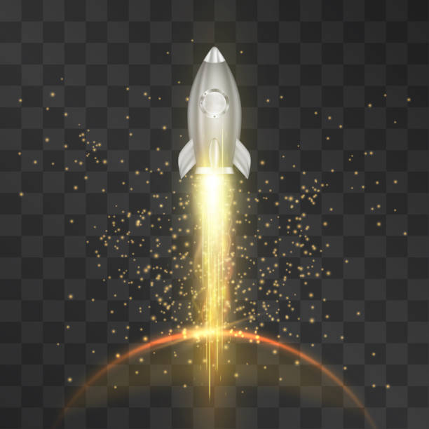 ilustrações de stock, clip art, desenhos animados e ícones de spaceship launch, flight in the outer space over the planet isolated on transparent background. vector metallic shuttle around stardust, star silhouette. business startup concept, over universe travel - opening ceremony flash
