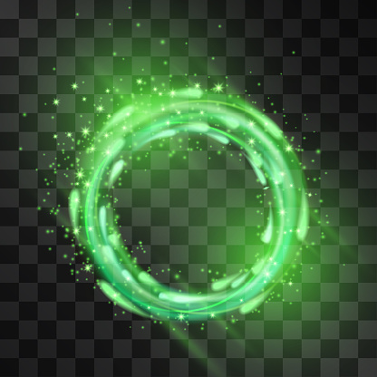 Vector green neon light effect, circle frame with hazy flare. Magical glowing tail of shining stardust sparkles, eco halo illumination. Glistening energy ring flow in motion. Luxurious summer design.