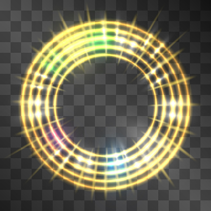 Vector golden neon light effect, circle frame with hazy flares. Magical glowing yellow blurred illumination with rainbow flares. Energy ring flow in motion. Luxurious winner wheel award frame design.