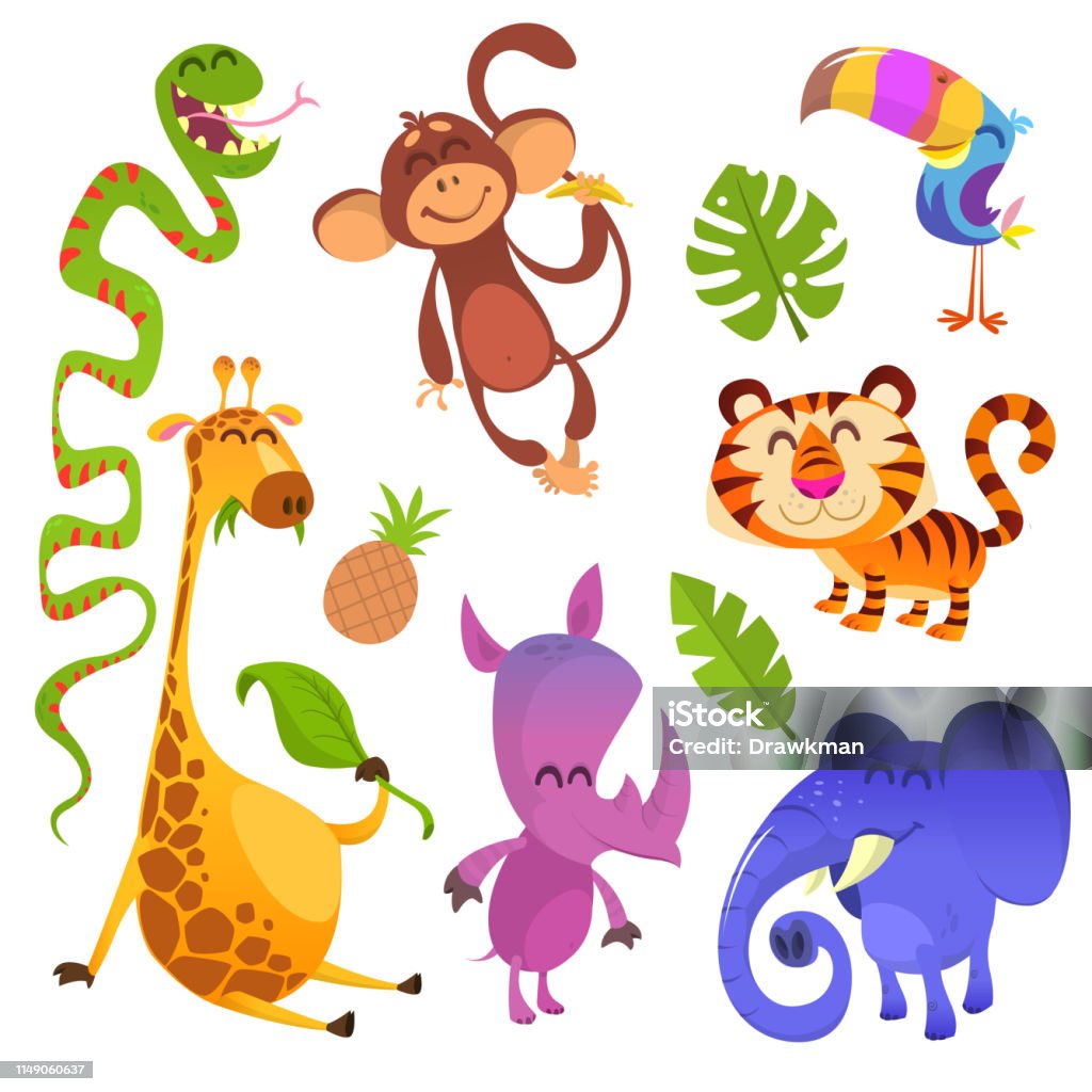 Cartoon tropical animals set Cartoon tropical animals set. Toucan, monkey, tiger, snake, elephant, rhino, giraffe. Vector illustrations isolated Cool Attitude stock vector