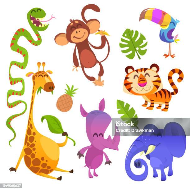 Cartoon Tropical Animals Set Stock Illustration - Download Image Now - Cool Attitude, Illustration, Logo