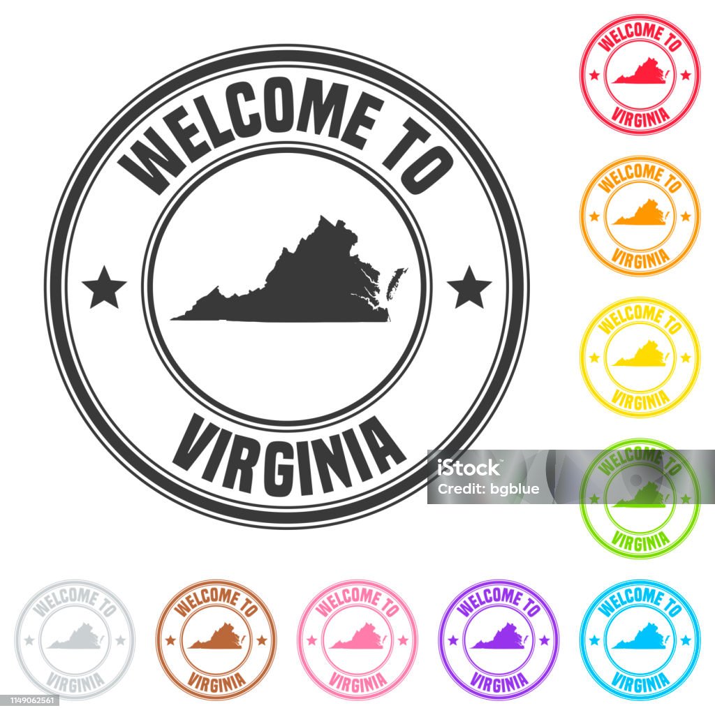 Welcome to Virginia stamp - Colorful badges on white background Stamp of "welcome to Virginia" isolated on a blank background. The stamp is composed of the map in the middle with the name below and "Welcome to" at the top, separated by stars. The stamp is available in different colors (Multi color choice: black, red, orange, yellow, green, blue, purple, pink, brown and gray). Vector Illustration (EPS10, well layered and grouped). Easy to edit, manipulate, resize or colorize. Abstract stock vector