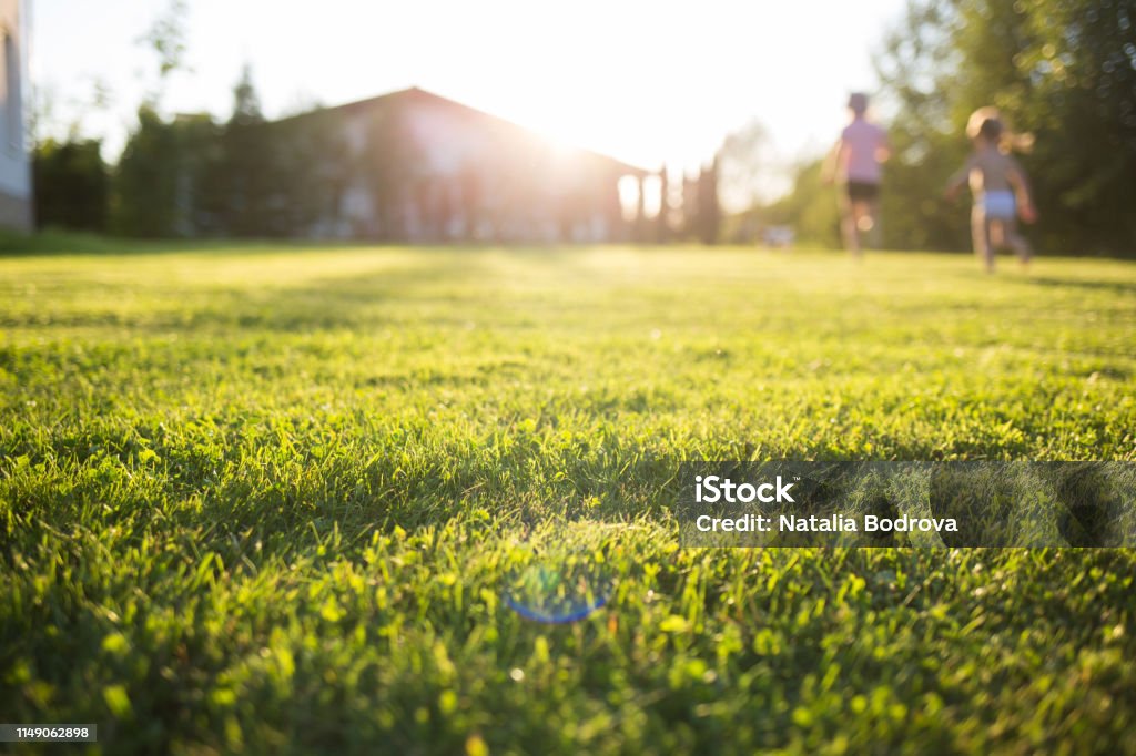lawn at home. running children in blur. On a Sunny summer day. lawn at home. running children in blur. On a Sunny summer day Yard - Grounds Stock Photo