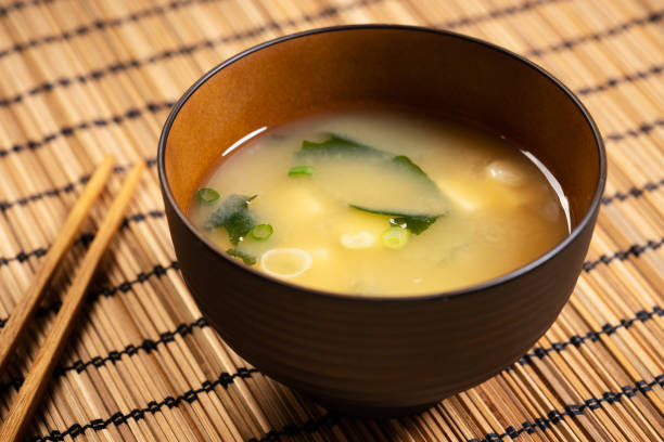 Japanese miso soup Miso soup with tofu and seaweed in brown Japanese bowl miso sauce stock pictures, royalty-free photos & images