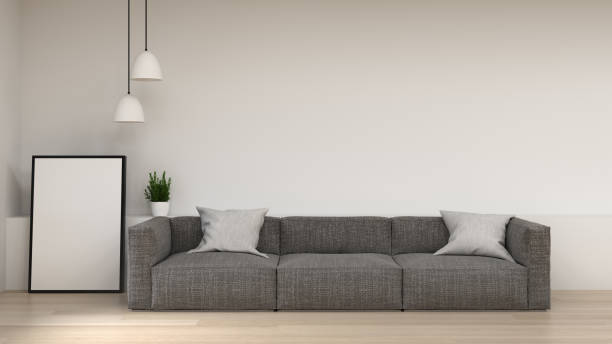 istock Clean room with sofa and fram in front of simple clean white wall with decorative items empty room,open door,3d rendering luxury living room modern mid century room interior home design 1149065623