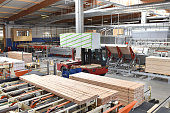 woodworking/ sawmill: production and processing of wooden boards in a modern industrial factory - assembly line in production