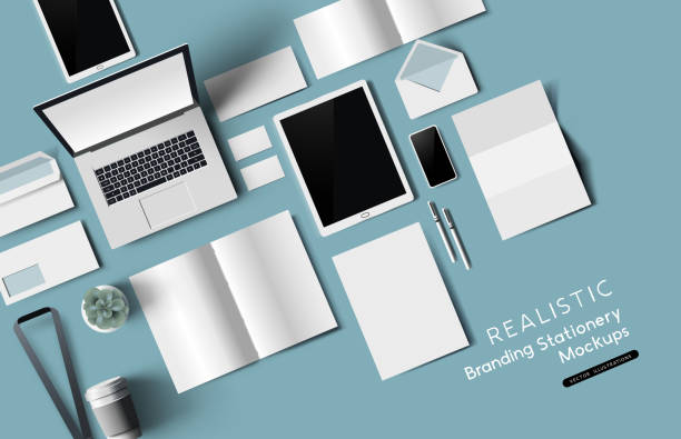 Top down view of office desk realistic stationery and objects. Vector mockup illustration.