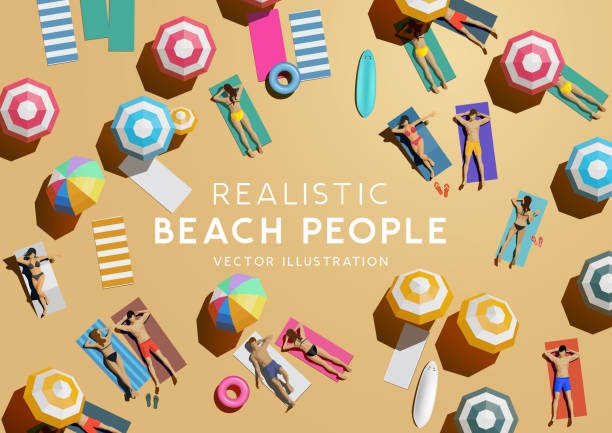 Top Aerial View of People On Beach Holiday People sunbathing and relaxing on the beach while on holiday. Top view vacation background. family trips stock illustrations