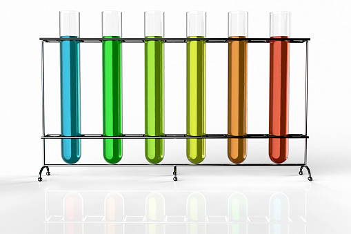 3D rendering of test tubes filled with liquids of different colors