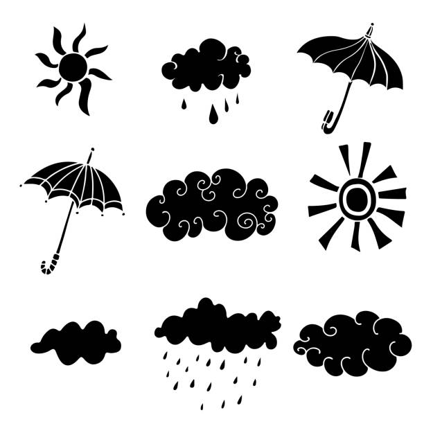 набор погоды. солнце, облако, дождь, капли, зонтик - cloud cloudscape symbol ink stock illustrations