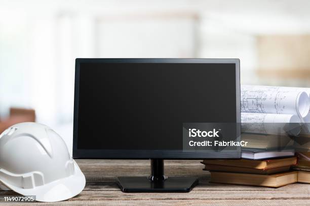 Computer Screen On A Working Table Front View Stock Photo - Download ...
