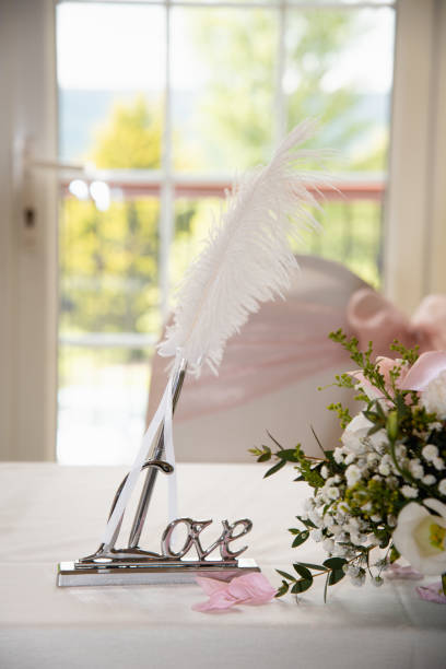 Wedding quill in a holder with the words love