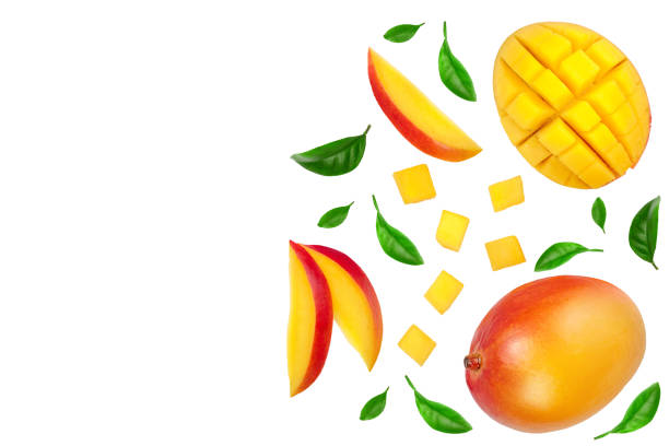istock Mango fruit and half with slices isolated on white background with copy space for your text. Top view. Flat lay 1149074561