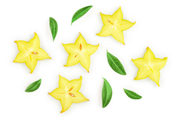 istock Carambola or star-fruit slice with leaf isolated on white background. Top view. Flat lay 1149074565