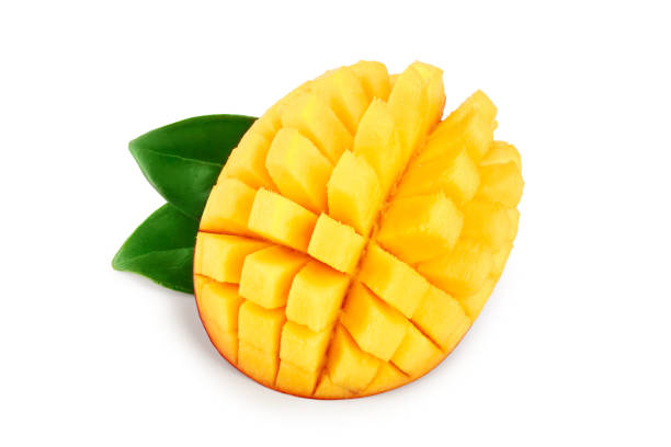 istock Mango fruit half with leaves isolated on white background close-up 1149074566