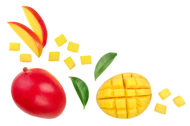 istock Mango fruit and half with slices isolated on white background with copy space for your text. Top view. Flat lay 1149074570