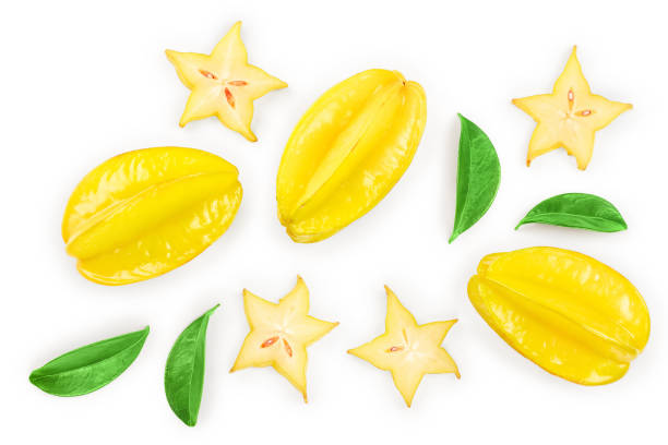 istock Carambola or star-fruit with leaf isolated on white background. Top view. Flat lay 1149074576