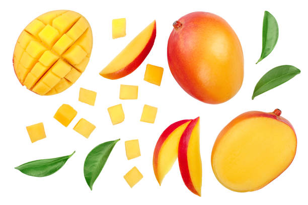 istock Mango fruit half with slices isolated on white background. Set or collection. Top view. Flat lay 1149074578