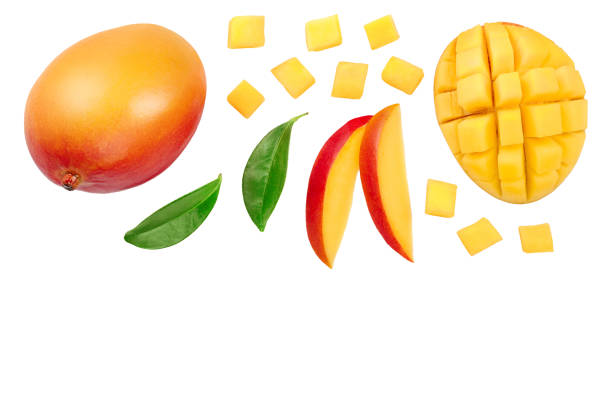 istock Mango fruit and half with slices isolated on white background with copy space for your text. Top view. Flat lay 1149074603