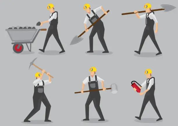 Vector illustration of Miner with Work Tools Vector Characters Illustration