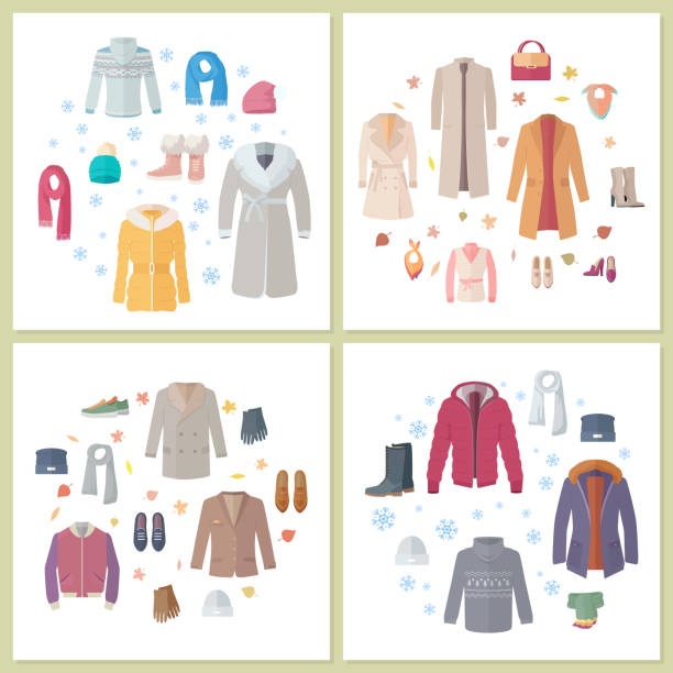 ilustrações de stock, clip art, desenhos animados e ícones de outerwear mens and womens set of clothes accessory - hot couture