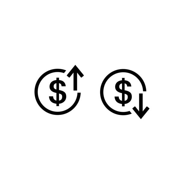 ilustrações, clipart, desenhos animados e ícones de acima de e para baixo as setas com dólar assinam no projeto liso do ícone no fundo branco da cor. vetor - low paid