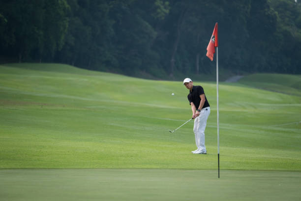 골프 코스에 공을 치는 선수 - putting green practicing putting flag 뉴스 사진 이미지