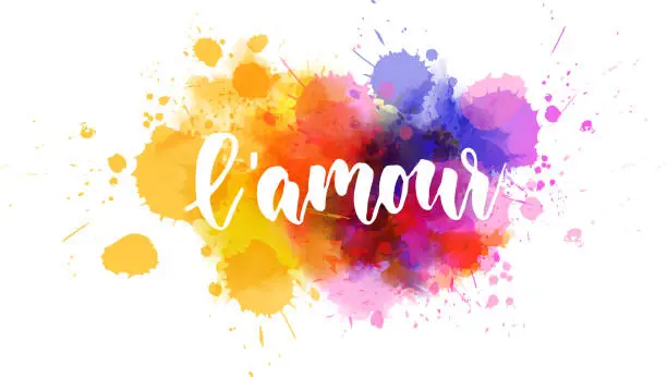 Vector illustration of L'amour lettering on watercolor paint splash