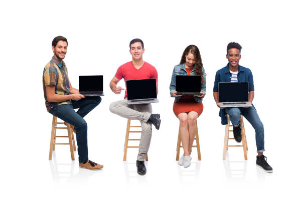 istock Young adults showing their laptop screens 1149086086
