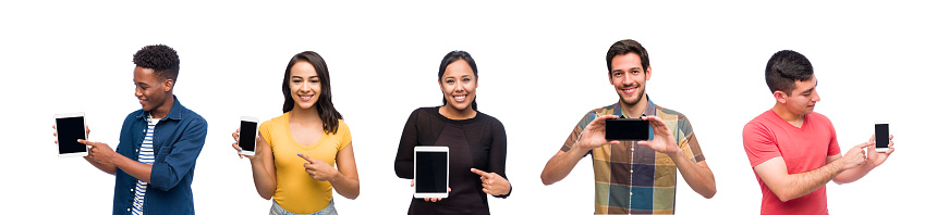 A diverse group of young people showing digital devices to the camera while smiling and isolated on a white background.