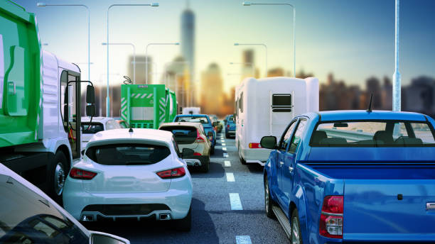istock Cars on highway in traffic jam 3d render sity landscape 1149086703