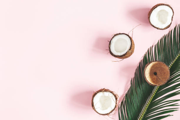 istock Summer composition. Coconut, palm leaf on pastel pink background. Summer concept. Flat lay, top view, copy space 1149087759