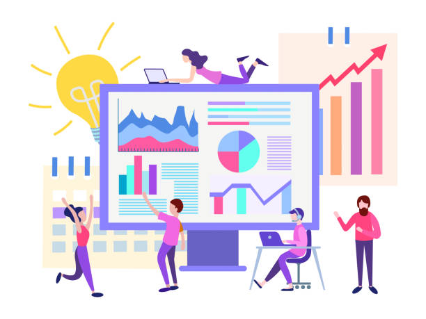 illustrazioni stock, clip art, cartoni animati e icone di tendenza di programmatori e marketer di office stanno lavorando alla creazione del sito, monitorano le statistiche e configurano il motore di ricerca. - configure