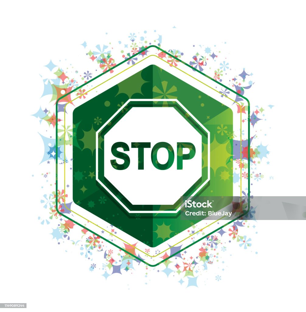 Stop sign icon floral plants pattern green hexagon button Stop sign icon isolated on floral plants pattern green hexagon button Block Shape stock illustration