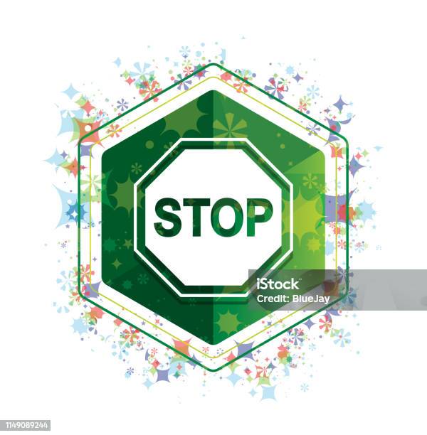 Stop Sign Icon Floral Plants Pattern Green Hexagon Button Stock Illustration - Download Image Now