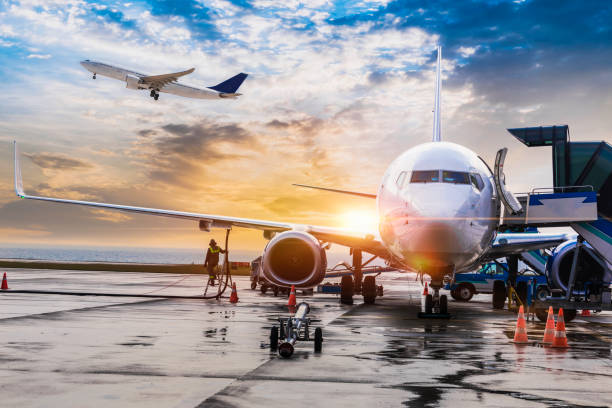 Passenger airplane getting ready for flight stock photo